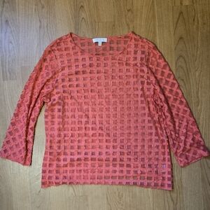 XL Etcetera Coral Sheer Textured Blouse With Grid Pattern Old Money